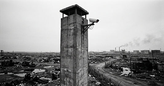 A surveillance watchtower against a grey sky — the dystopian world of George Orwell