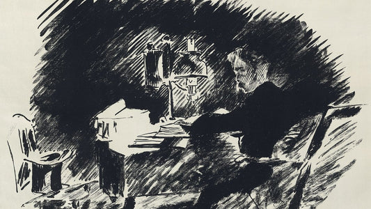 Homme assis à son bureau sous la lampe, dans la pénombre, lithographie de Manet pour Le Corbeau, article sur Edgar Poe