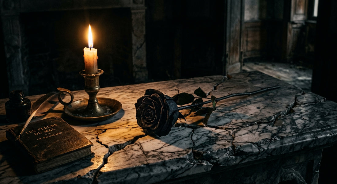 Une rose noire sur du marbre fissuré — l'esthétique de beauté et de décadence des Fleurs du mal