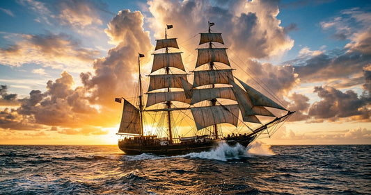 A 19th-century sailing ship at full sail — the world of the great adventure classics