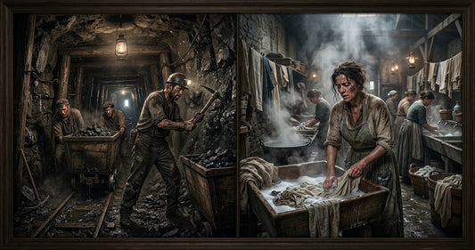 Image composite illustrant les thèmes de Germinal (mine) et L'Assommoir (blanchisserie) pour une comparaison des deux romans de Zola.