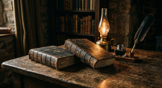 Antique copies of Jane Eyre and Wuthering Heights side-by-side on a rustic table with a quill and ink, evoking classic literature.