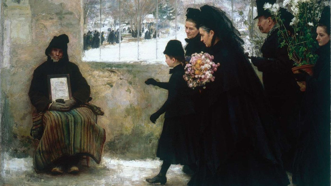 Famille en deuil portant des chrysanthèmes à l'entrée d'un cimetière enneigé, tableau d'Émile Friant, article sur la Toussaint