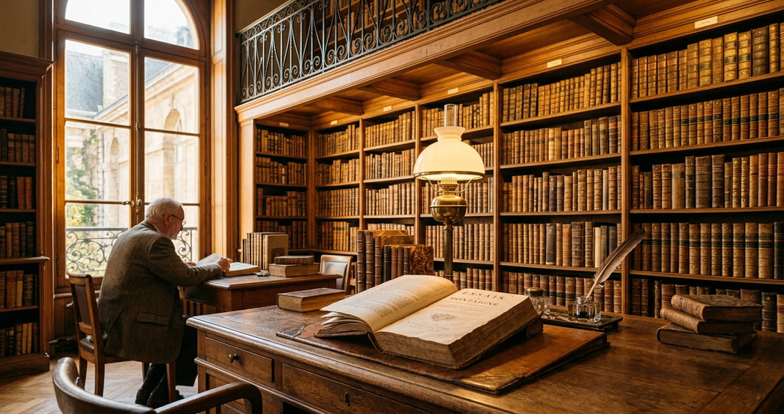 Une bibliothèque classique avec de vieux livres français, évoquant la richesse de la littérature.