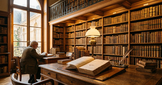 Une bibliothèque classique avec de vieux livres français, évoquant la richesse de la littérature.