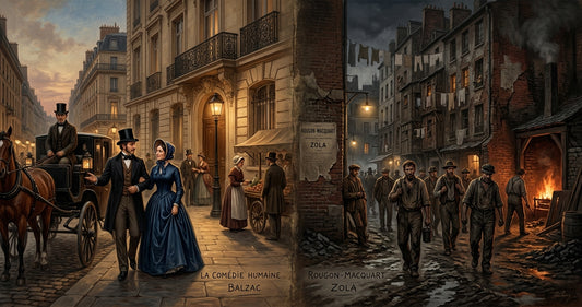 Comparaison visuelle des mondes littéraires de Balzac (société bourgeoise) et Zola (monde ouvrier).