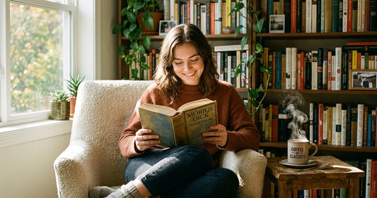 Un lecteur contemporain dans un fauteuil avec un classique — la lecture des classiques français, accessible à tous et à tout âge