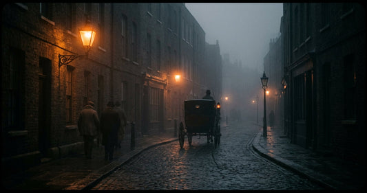 Foggy Victorian London at dusk — the world of Charles Dickens' novels