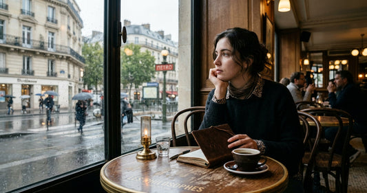 A contemplative scene in a Parisian cafe, evoking the intellectual atmosphere of existential philosophy and its key thinkers.