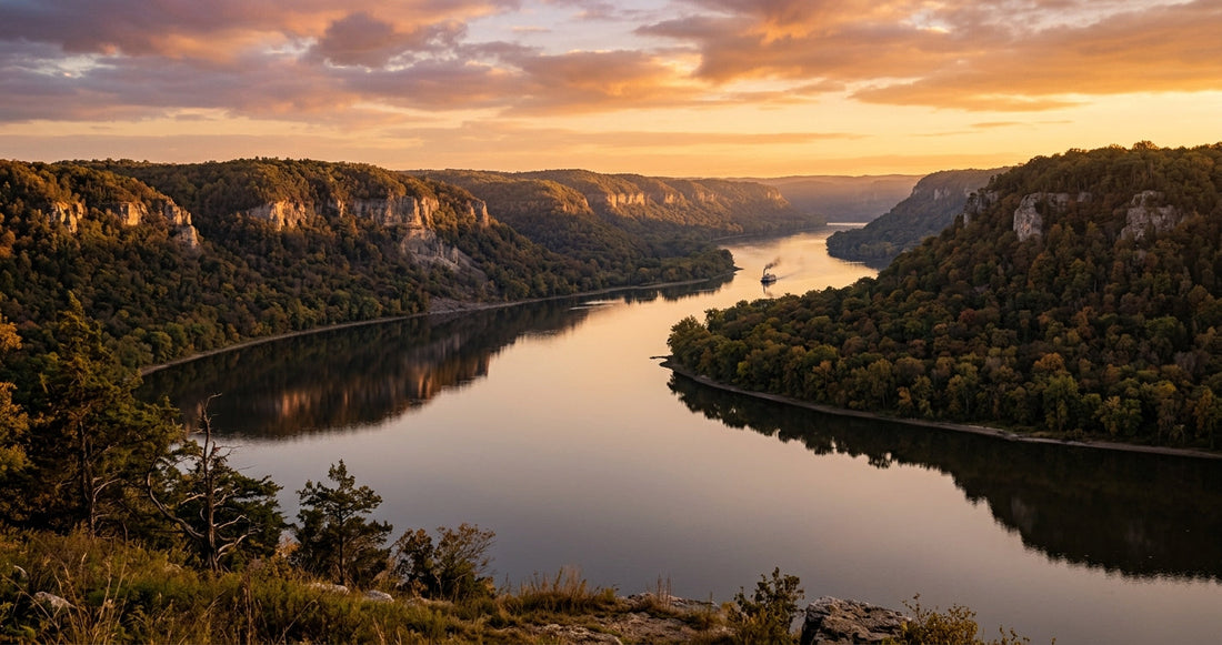 A vast American river valley at golden hour — the landscape of the great American novel