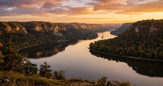 A vast American river valley at golden hour — the landscape of the great American novel
