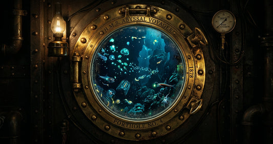 A submarine porthole looking into the deep ocean — the world of Jules Verne's imagination