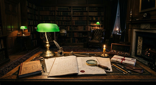 A Victorian library at night with detective's paraphernalia — the world of Wilkie Collins
