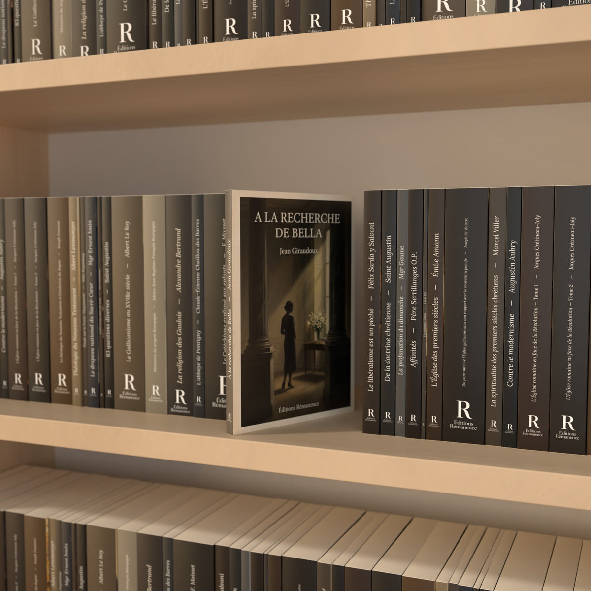 A la recherche de Bella - Jean Giraudoux – le livre imprimé à moitié sorti de la rangée dans une bibliothèque (visuel réalisé à partir des fichiers d'impression du livre)