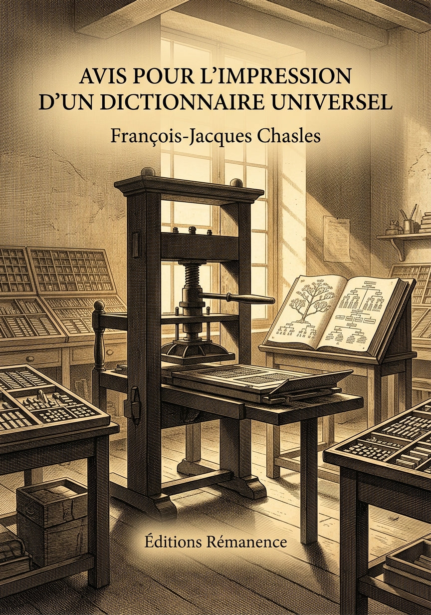 Livre Avis pour l'impression d'un dictionnaire universel par François-Jacques Chasles - Couverture - Editions Remanence