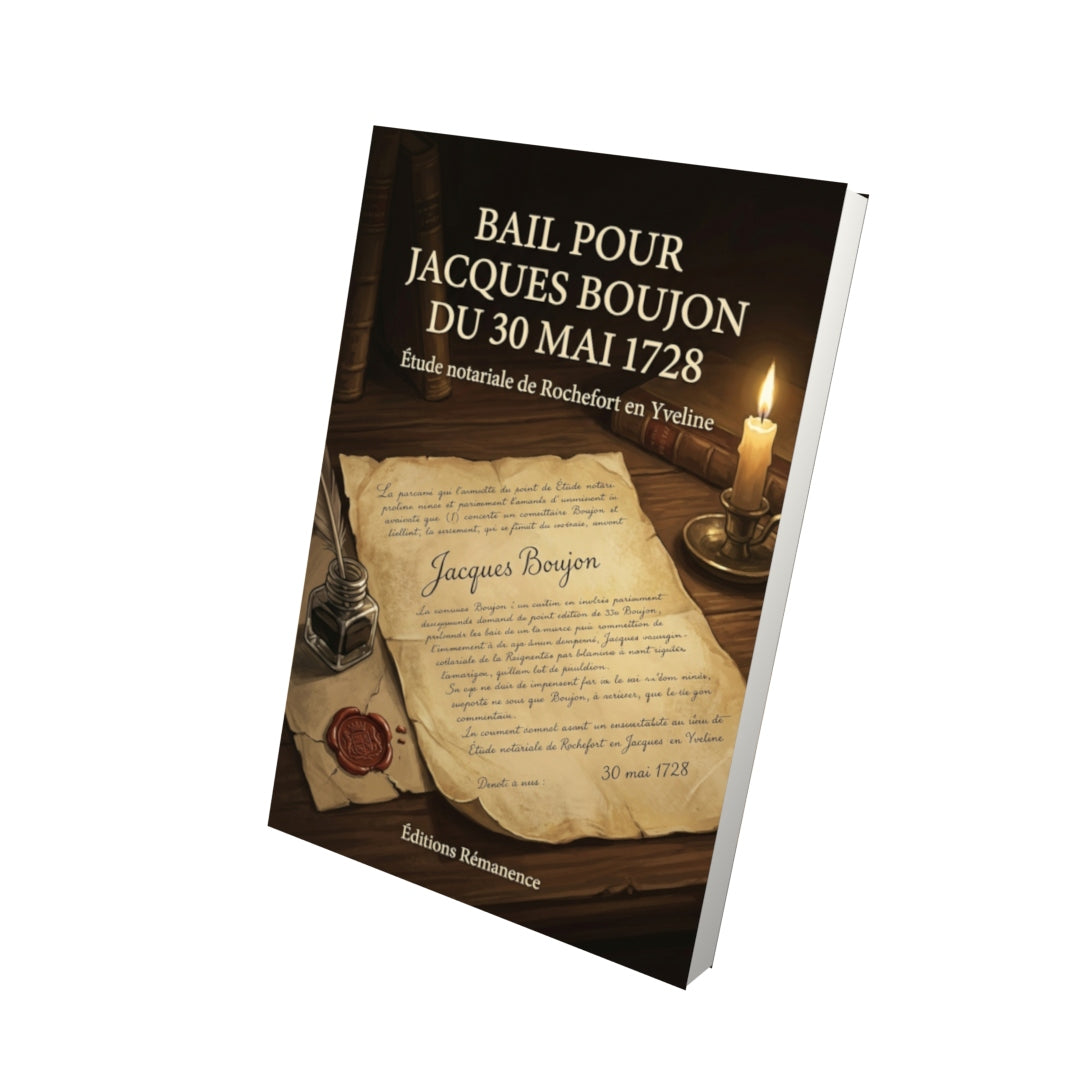 Livre Bail pour Jacques Boujon du 30 mai 1728 par Étude notariale de Rochefort en Yveline - Vue 3D - Editions Remanence