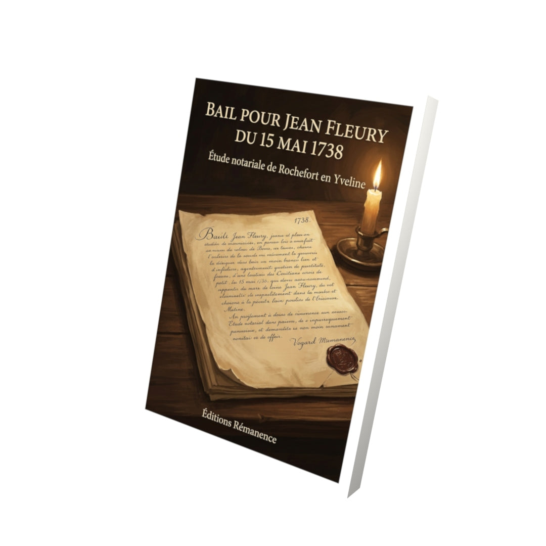 Livre Bail pour Jean Fleury du 15 mai 1738 par Étude notariale de Rochefort en Yveline - Vue 3D - Editions Remanence