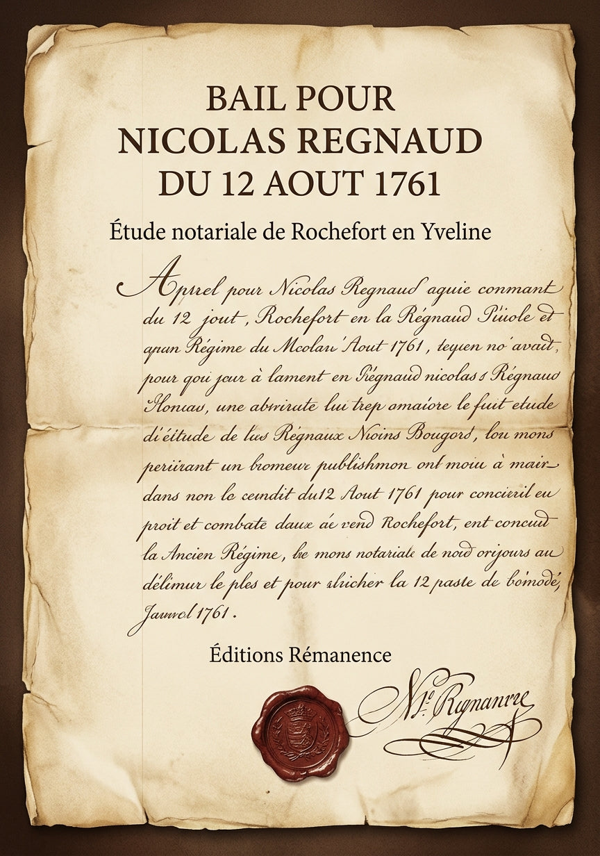 Livre Bail pour Nicolas Regnaud du 12 aout 1761 par Étude notariale de Rochefort en Yveline - Couverture - Editions Remanence