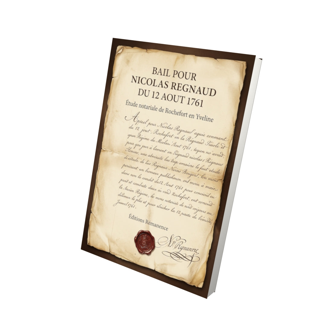 Livre Bail pour Nicolas Regnaud du 12 aout 1761 par Étude notariale de Rochefort en Yveline - Vue 3D - Editions Remanence