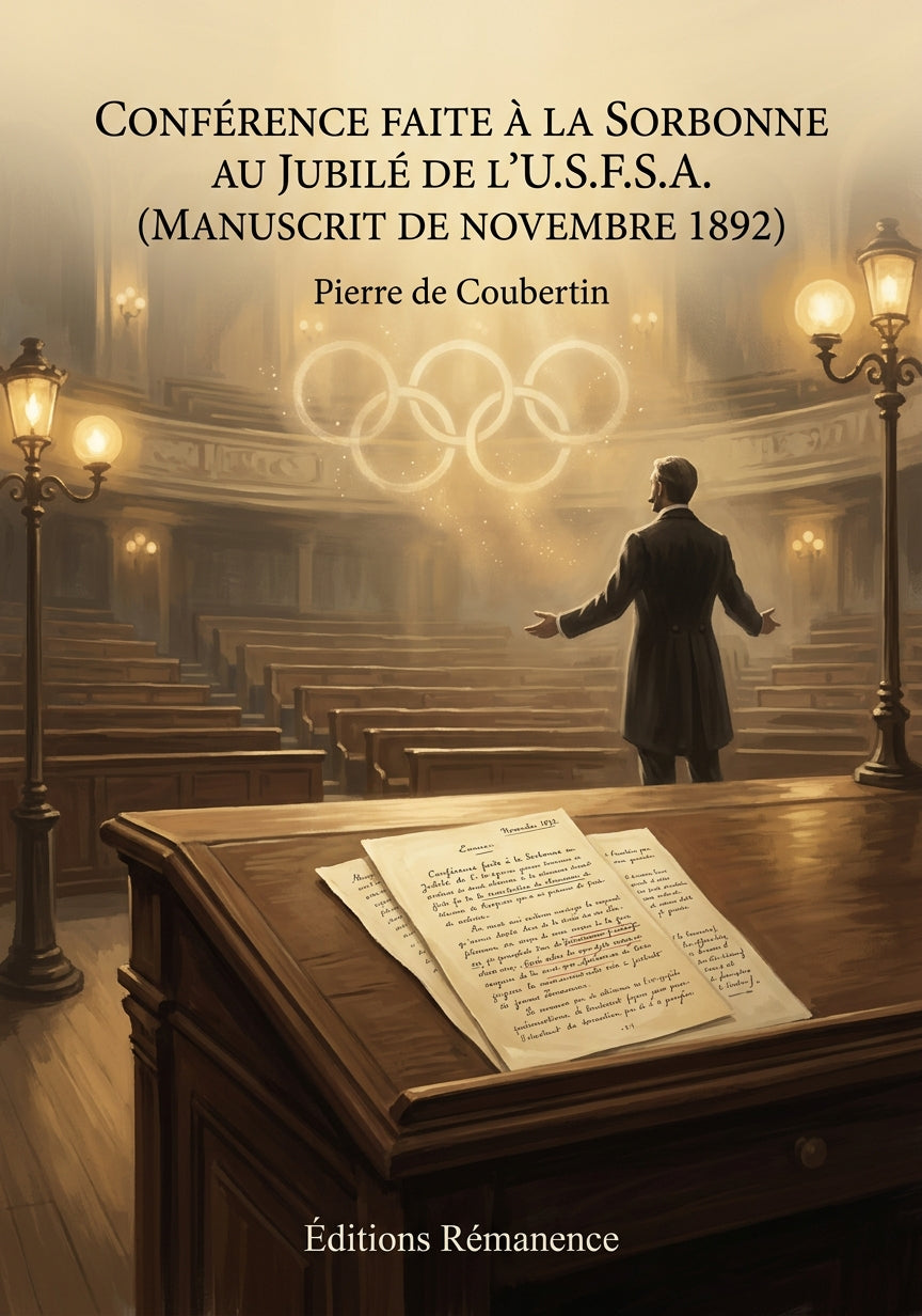 Livre Conférence faite à la Sorbonne au Jubilé de l’U.S.F.S.A. (Manuscrit de novembre 1892) par Pierre de Coubertin - Couverture - Editions Remanence