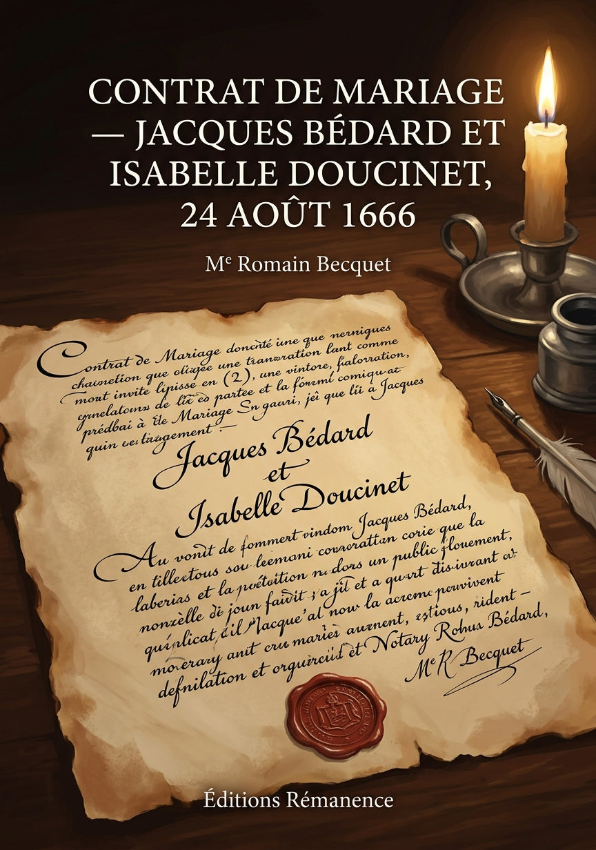Livre Contrat de mariage — Jacques Bédard et Isabelle Doucinet, 24 août 1666 par Me Romain Becquet - Couverture - Editions Remanence