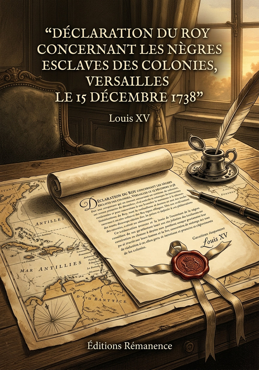 Livre Déclaration du Roy concernant les nègres esclaves des colonies, Versailles le 15 décembre 1738 par Louis XV - Couverture - Editions Remanence