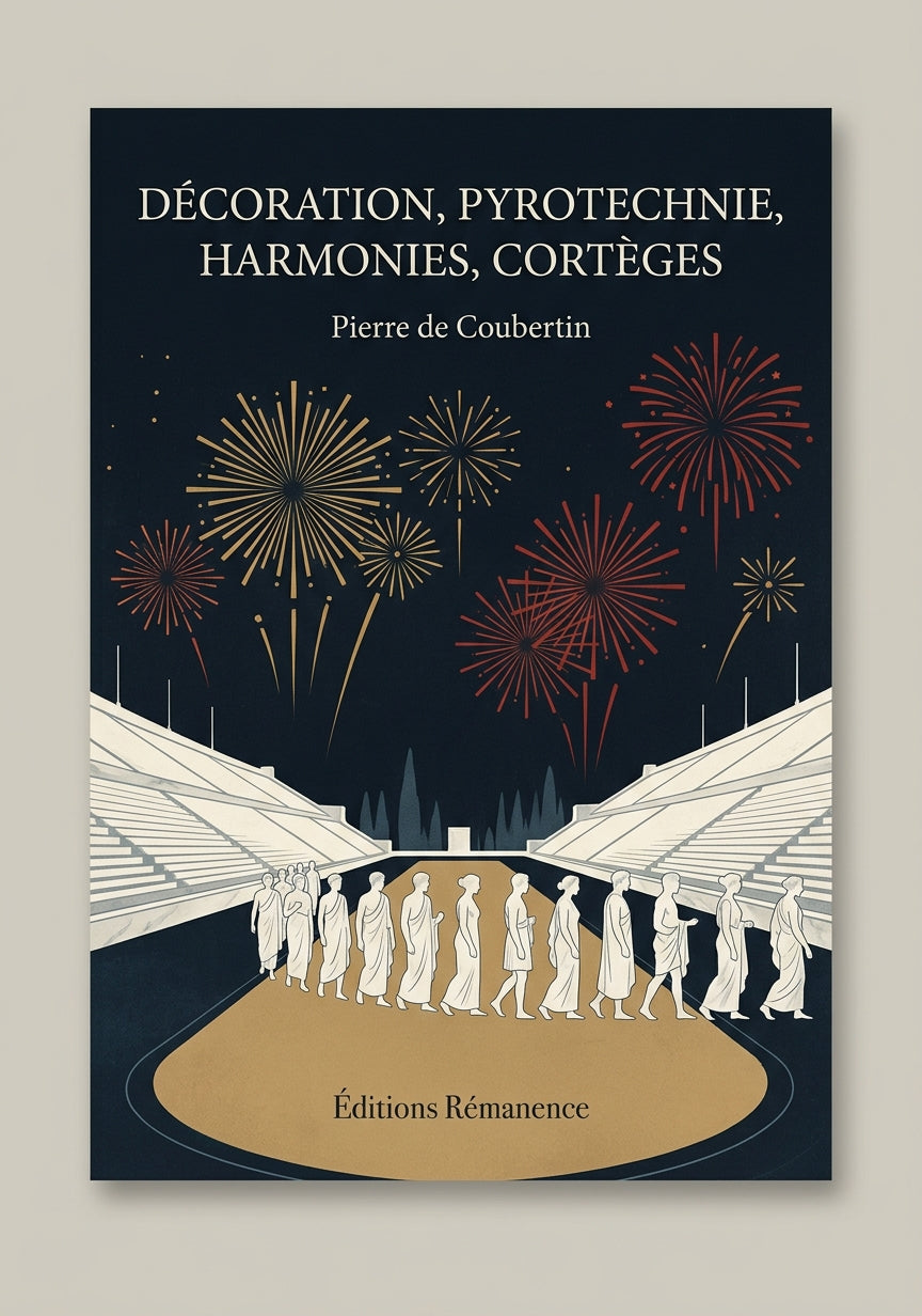 Livre Décoration, Pyrotechnie, Harmonies, Cortèges par Pierre de Coubertin - Couverture - Editions Remanence
