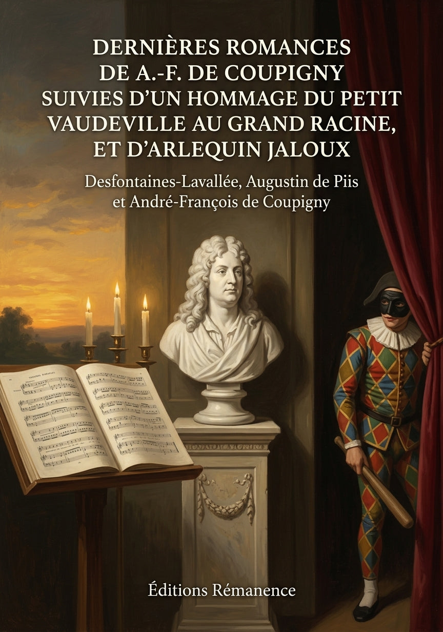 Livre Dernières romances de A.-F. de Coupigny suivies d’un hommage du petit Vaudeville au grand Racine, et d’Arlequin jaloux par Desfontaines-Lavallée, Augustin de Piis et André-François de Coupigny - Couverture - Editions Remanence