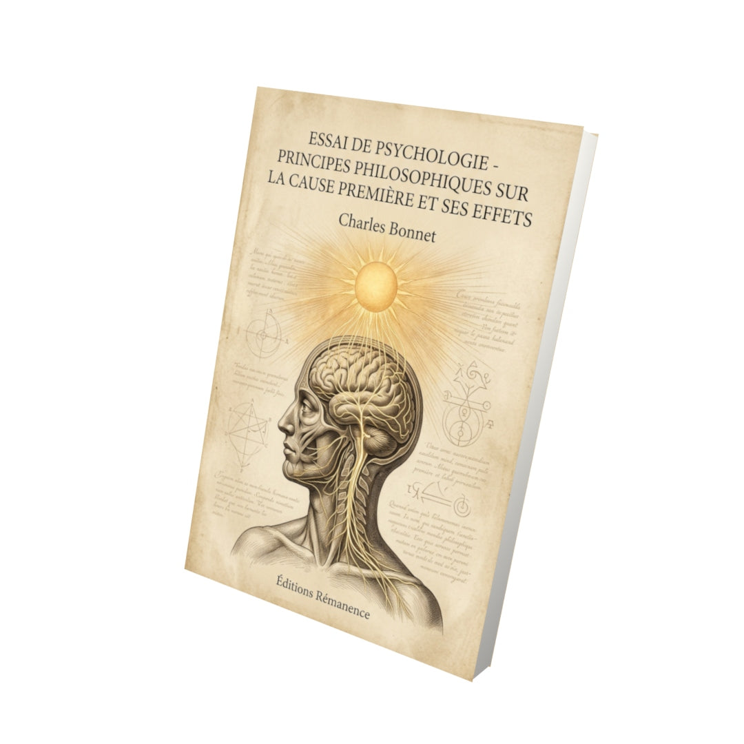 Livre Essai de psychologie - Principes philosophiques sur la cause première et ses effets par Charles Bonnet - Vue 3D - Editions Remanence