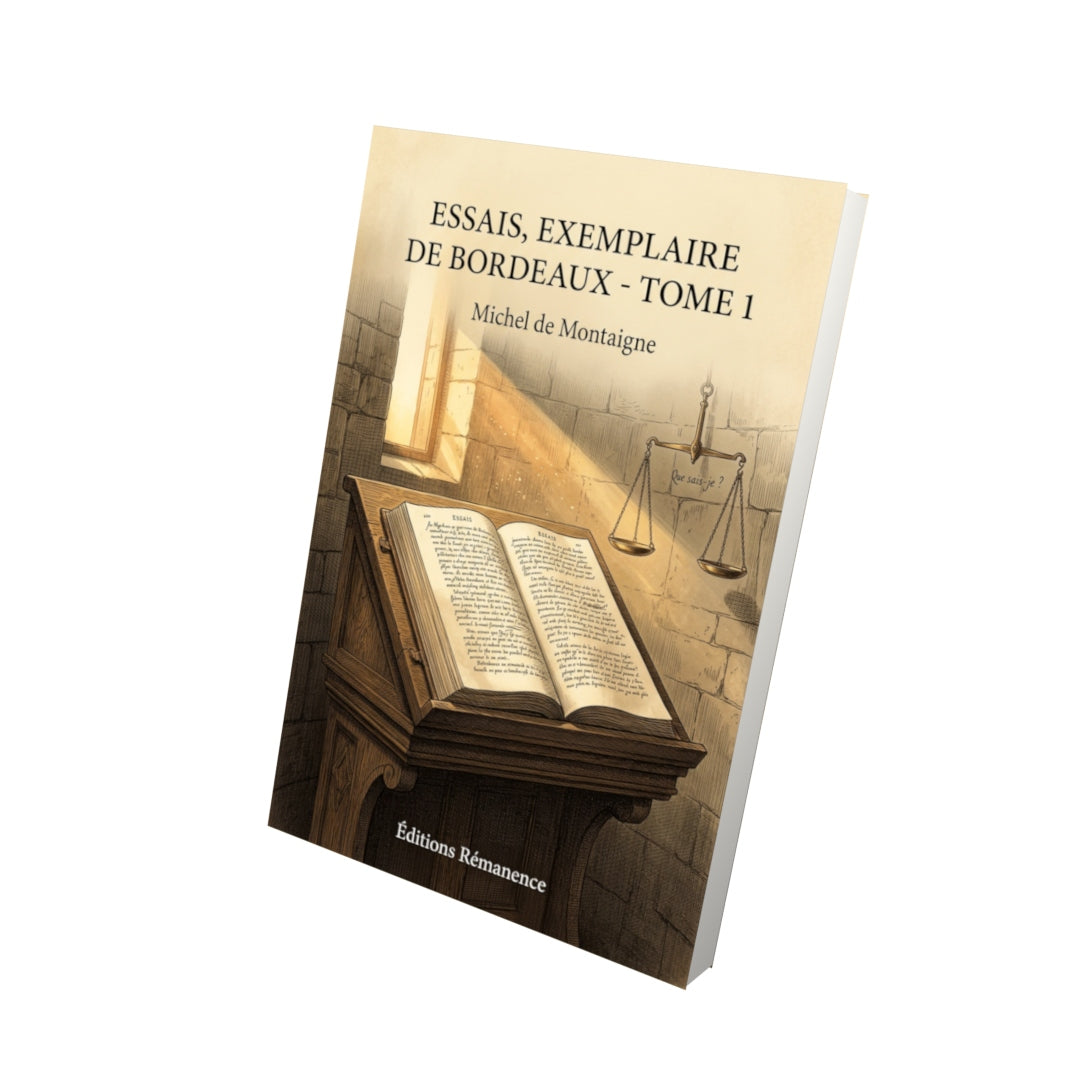 Livre Essais, exemplaire de Bordeaux - Tome 1 par Michel de Montaigne - Vue 3D - Editions Remanence
