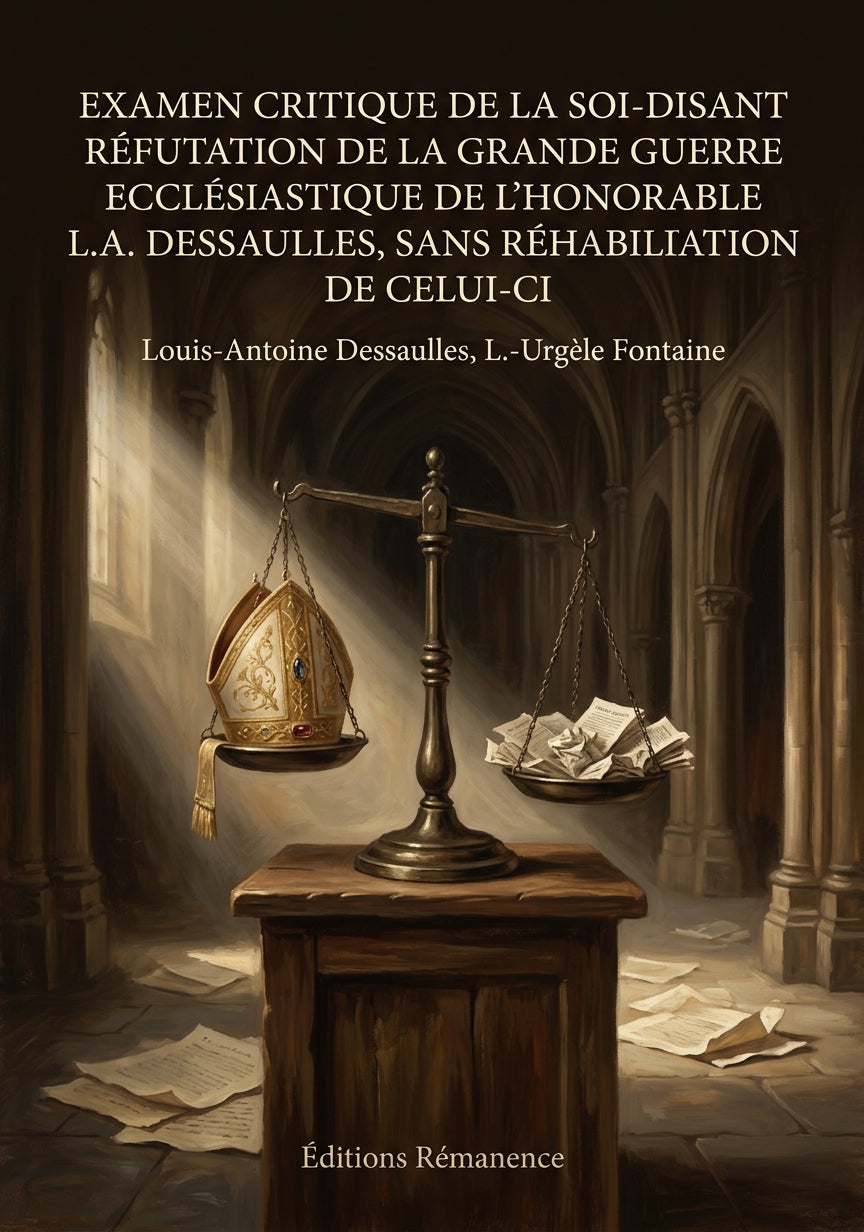 Livre Examen critique de la soi-disant réfutation de la Grande guerre ecclésiastique de l’Honorable L.A. Dessaulles, sans réhabilitation de celui-ci par Louis-Antoine Dessaulles, L.-Urgèle Fontaine - Couverture - Editions Remanence