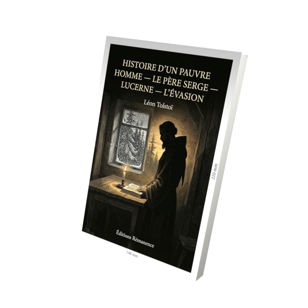 Livre Histoire d’un pauvre homme — Le Père Serge — Lucerne — L’Évasion par Léon Tolstoï - Vue 3D - Editions Remanence