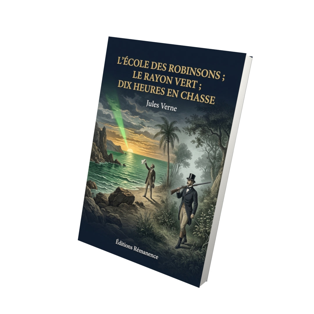 Livre L’École des Robinsons ; Le Rayon vert ; Dix heures en chasse par Jules Verne - Vue 3D - Editions Remanence