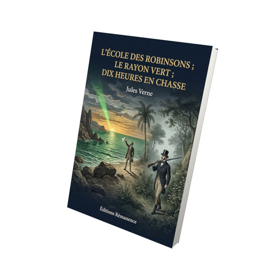 Livre L’École des Robinsons ; Le Rayon vert ; Dix heures en chasse par Jules Verne - Vue 3D - Editions Remanence