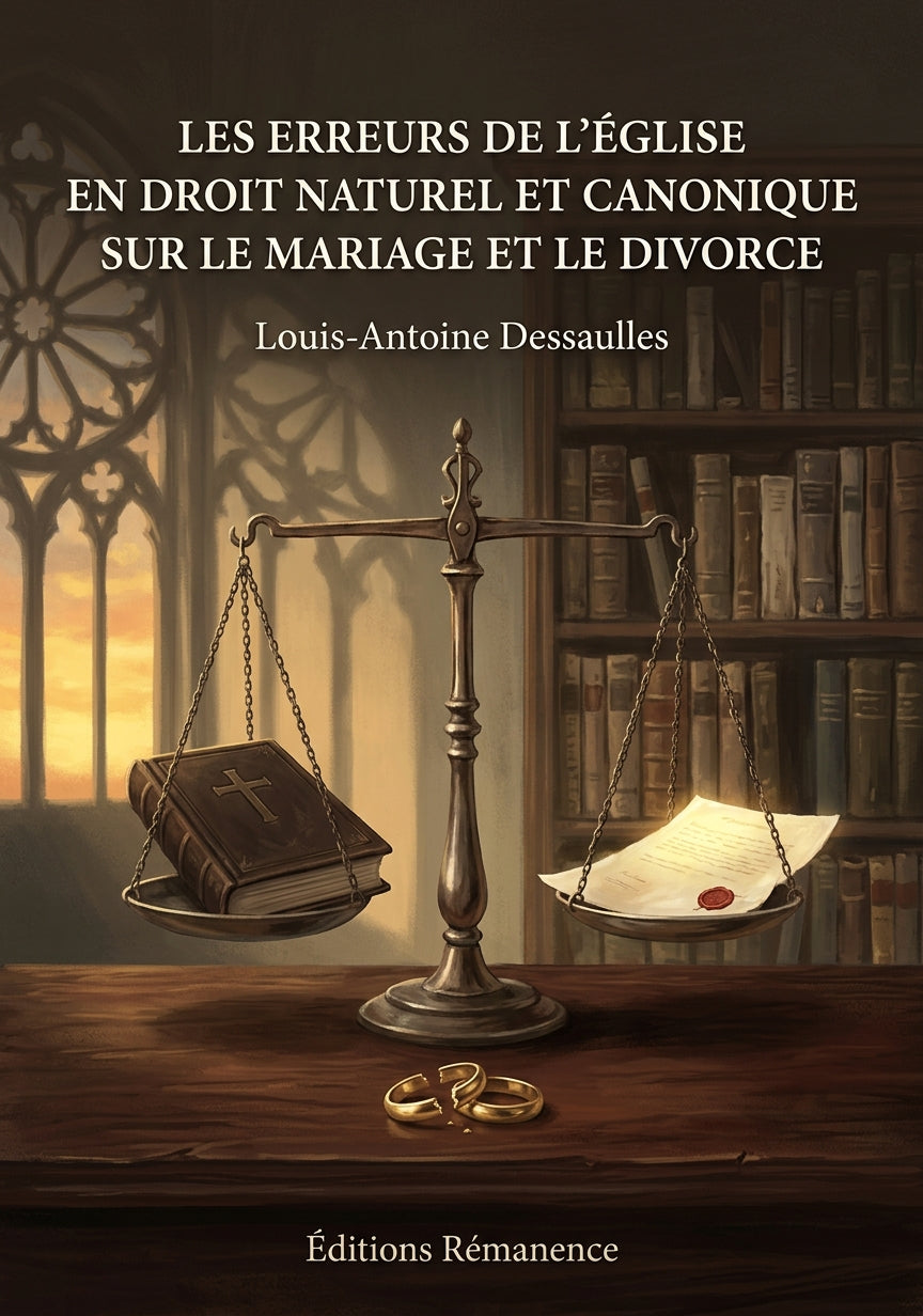 Livre Les erreurs de l’Église en droit naturel et canonique sur le mariage et le divorce par Louis-Antoine Dessaulles - Couverture - Editions Remanence