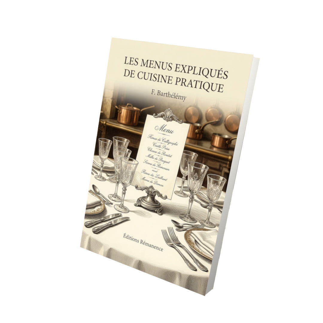 Livre Les menus expliqués de cuisine pratique par F. Barthélémy - Vue 3D - Editions Remanence