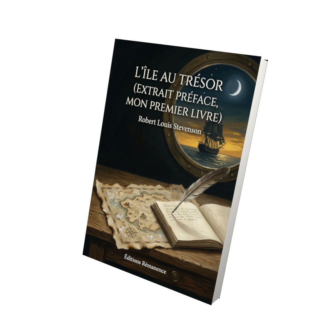 Livre L’Île au trésor (extrait Préface, Mon premier livre) par Robert Louis Stevenson - Vue 3D - Editions Remanence