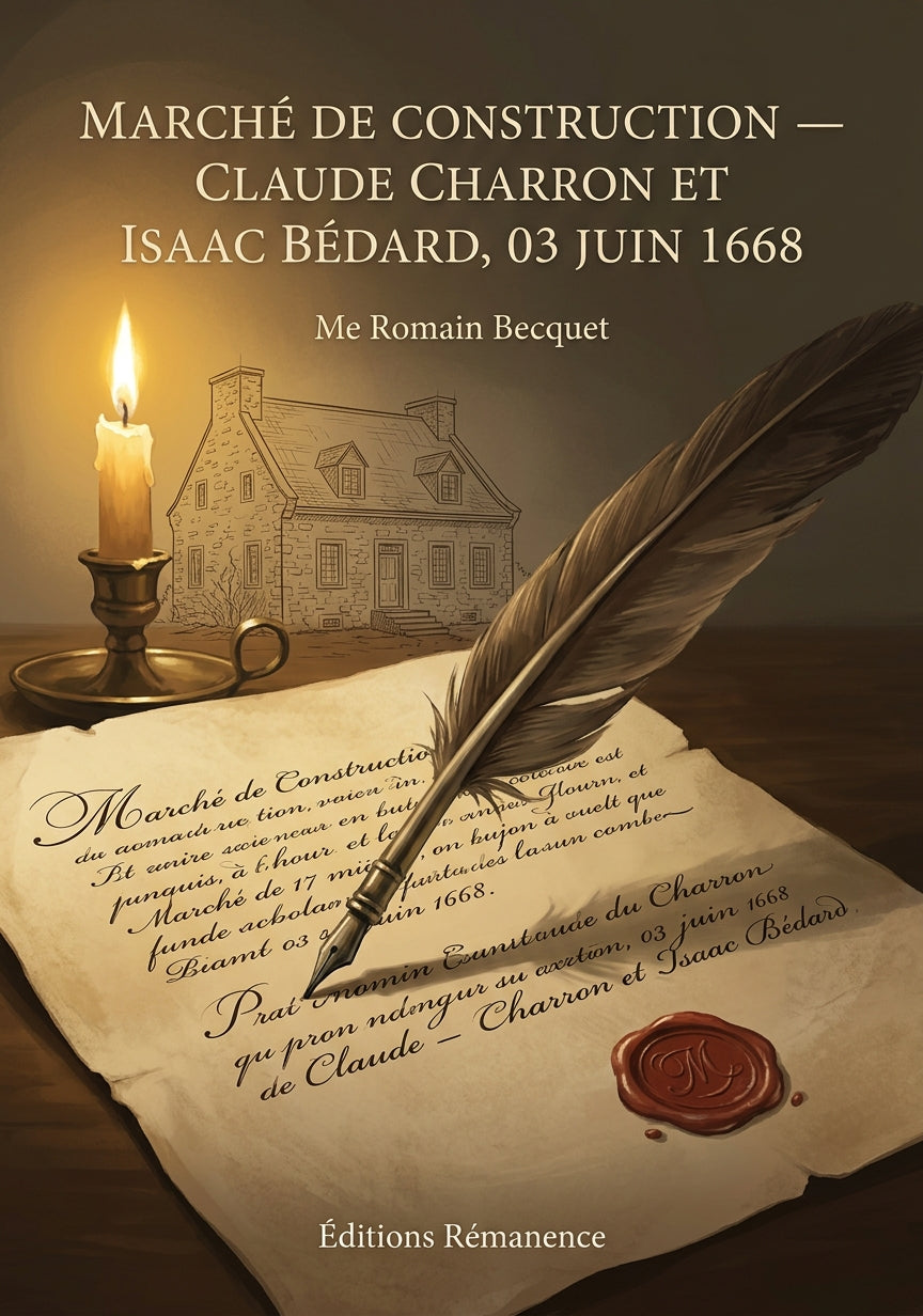 Livre Marché de construction — Claude Charron et Isaac Bédard, 03 juin 1668 par Me Romain Becquet - Couverture - Editions Remanence
