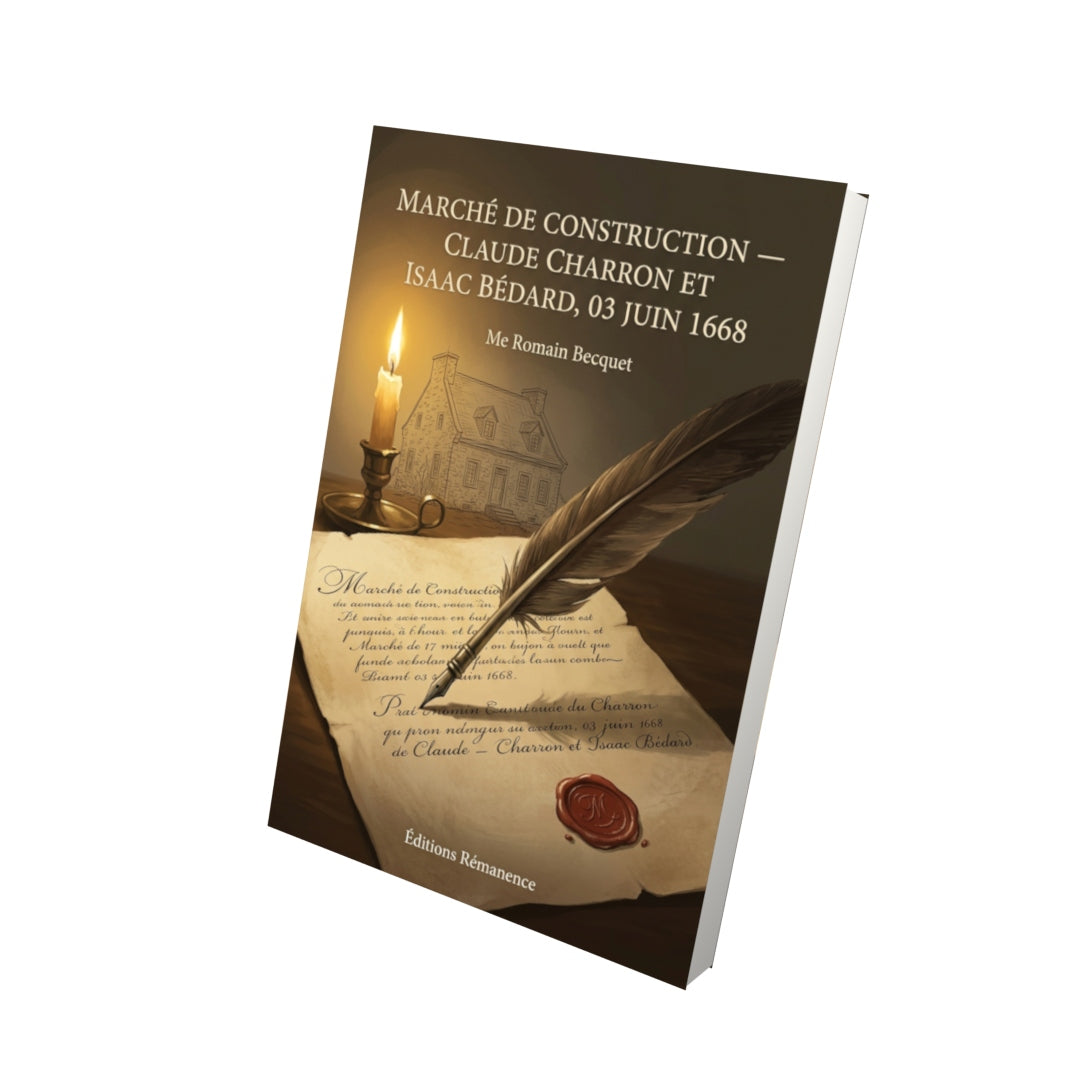 Livre Marché de construction — Claude Charron et Isaac Bédard, 03 juin 1668 par Me Romain Becquet - Vue 3D - Editions Remanence