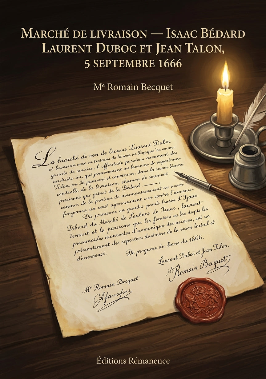 Livre Marché de livraison — Isaac Bédard Laurent Duboc et Jean Talon, 5 septembre 1666 par Me Romain Becquet - Couverture - Editions Remanence