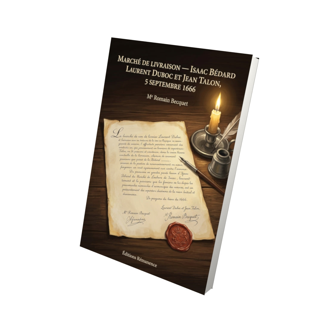 Livre Marché de livraison — Isaac Bédard Laurent Duboc et Jean Talon, 5 septembre 1666 par Me Romain Becquet - Vue 3D - Editions Remanence