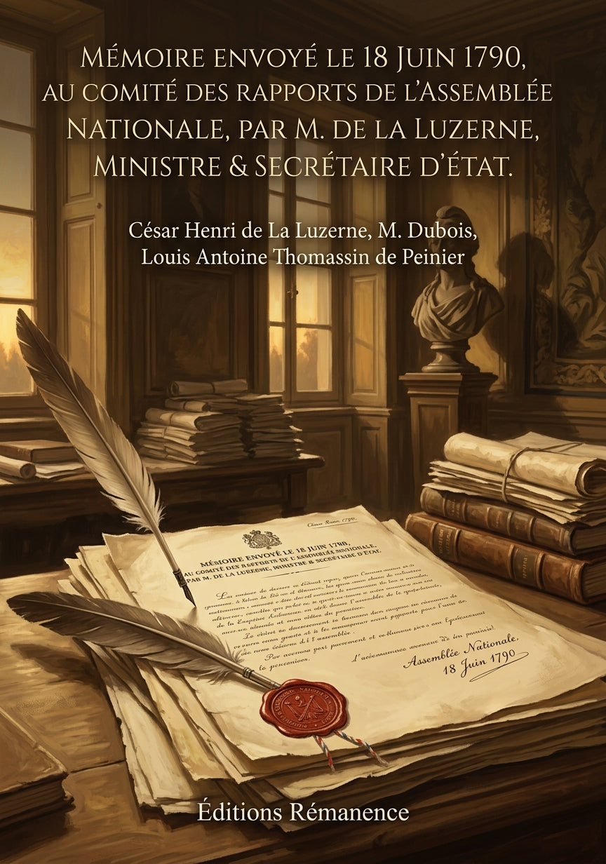 Livre Mémoire envoyé le 18 juin 1790, au Comité des rapports de l'Assemblée Nationale, par M. de La Luzerne, ministre & secrétaire d'État. par César Henri de La Luzerne, M. Dubois, Louis Antoine Thomassin de Peinier - Couverture - Editions Remanence