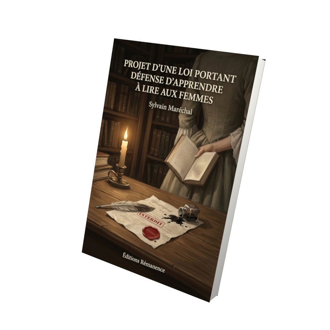 Livre Projet d’une loi portant défense d'apprendre à lire aux femmes par Sylvain Maréchal - Vue 3D - Editions Remanence
