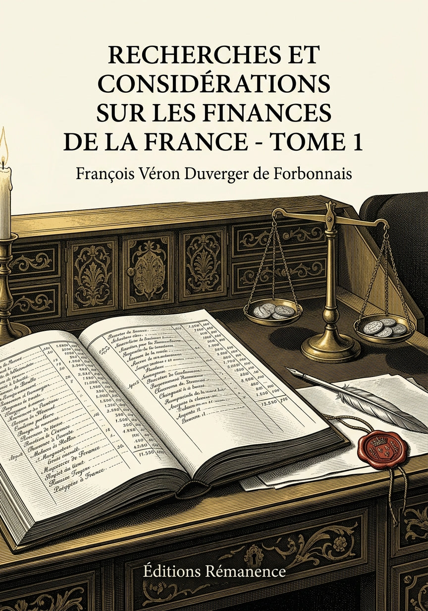 Livre Recherches et considérations sur les finances de la France - Tome 1 par François Véron Duverger de Forbonnais - Couverture - Editions Remanence