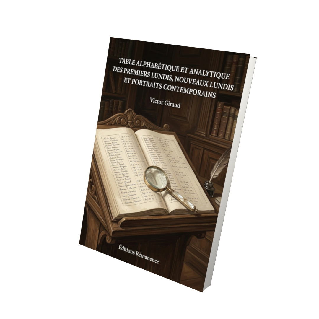 Livre Table alphabétique et analytique des Premiers lundis, Nouveaux lundis et Portraits contemporains par Victor Giraud - Vue 3D - Editions Remanence