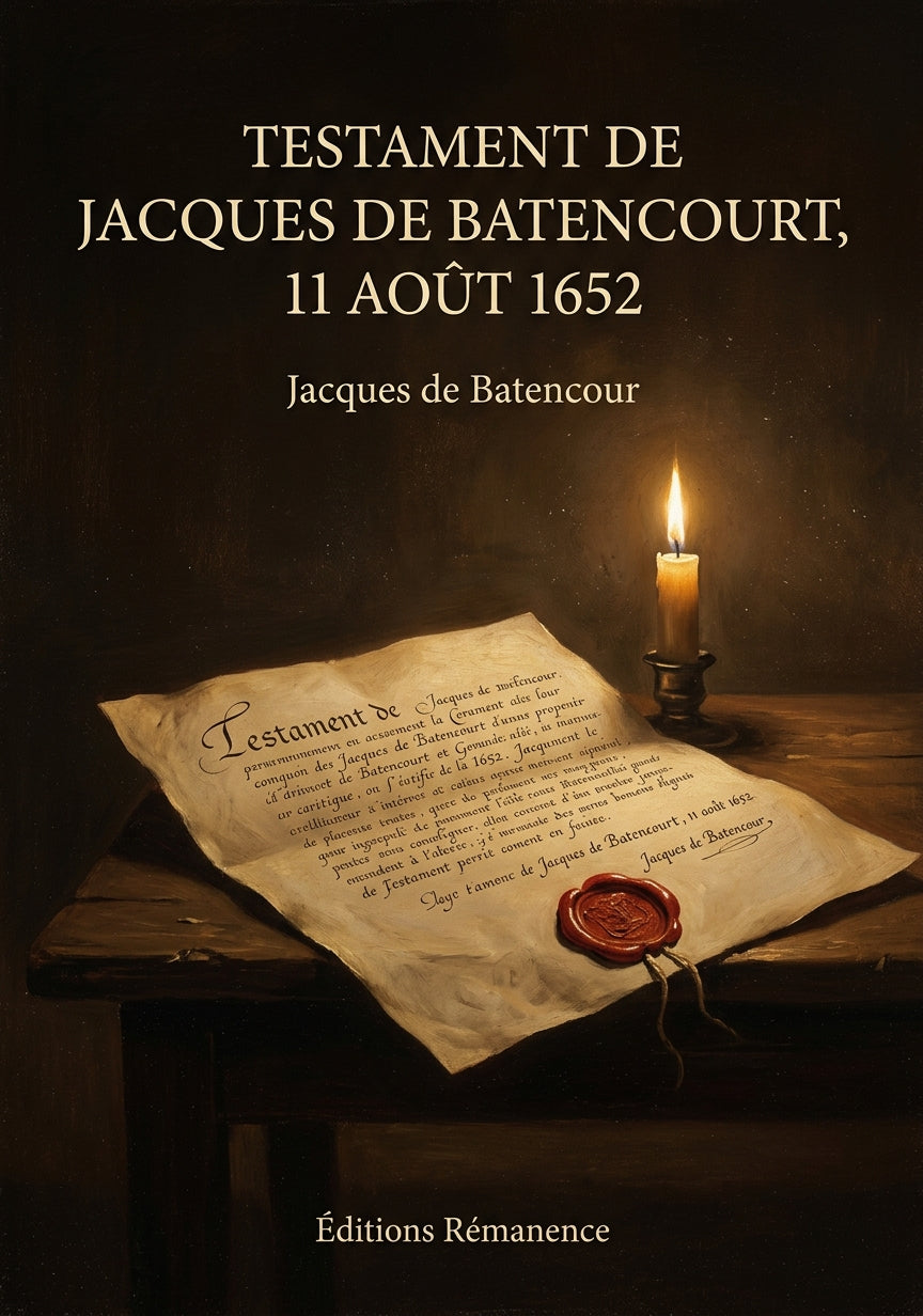 Livre Testament de Jacques de Batencourt, 11 août 1652 par Jacques de Batencour - Couverture - Editions Remanence