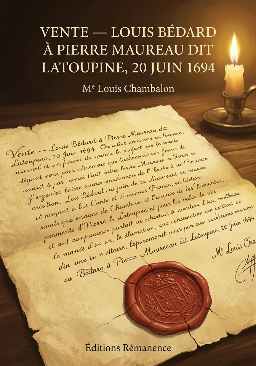 Livre Vente — Louis Bédard à Pierre Maureau dit Latoupine, 20 juin 1694 par Me Louis Chambalon - Couverture - Editions Remanence