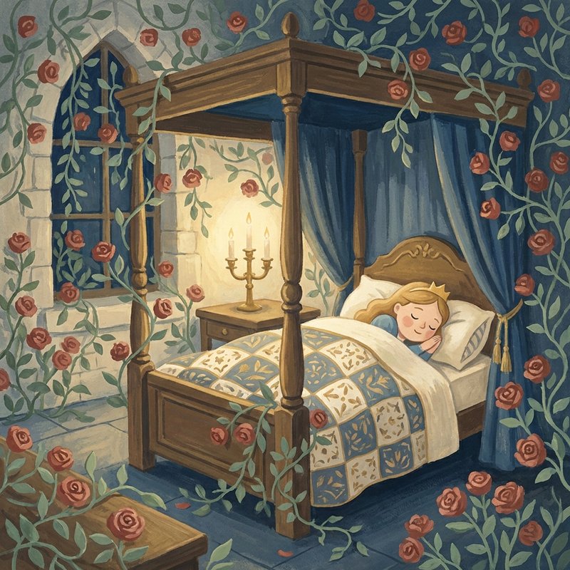 Illustration : la princesse endormie dans un lit à baldaquin entouré de roses