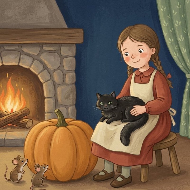 Illustration : Cendrillon près du feu avec un chat noir, une citrouille et des souris