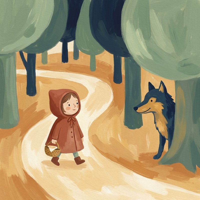 Illustration : le Petit Chaperon rouge sur le chemin de la forêt, le loup caché derrière un arbre
